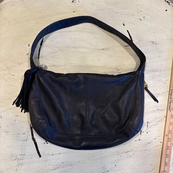 HOBO Handbags - Hobo The Original Black Leather Shoulder Bag With Zip Closure & Printed Interior